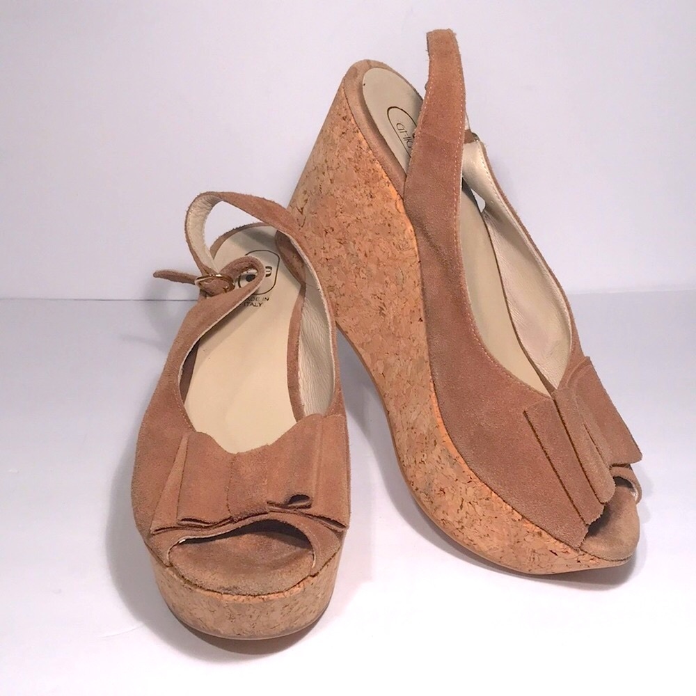 GHIG ITALY suede peep toe platform wedge sandal 44